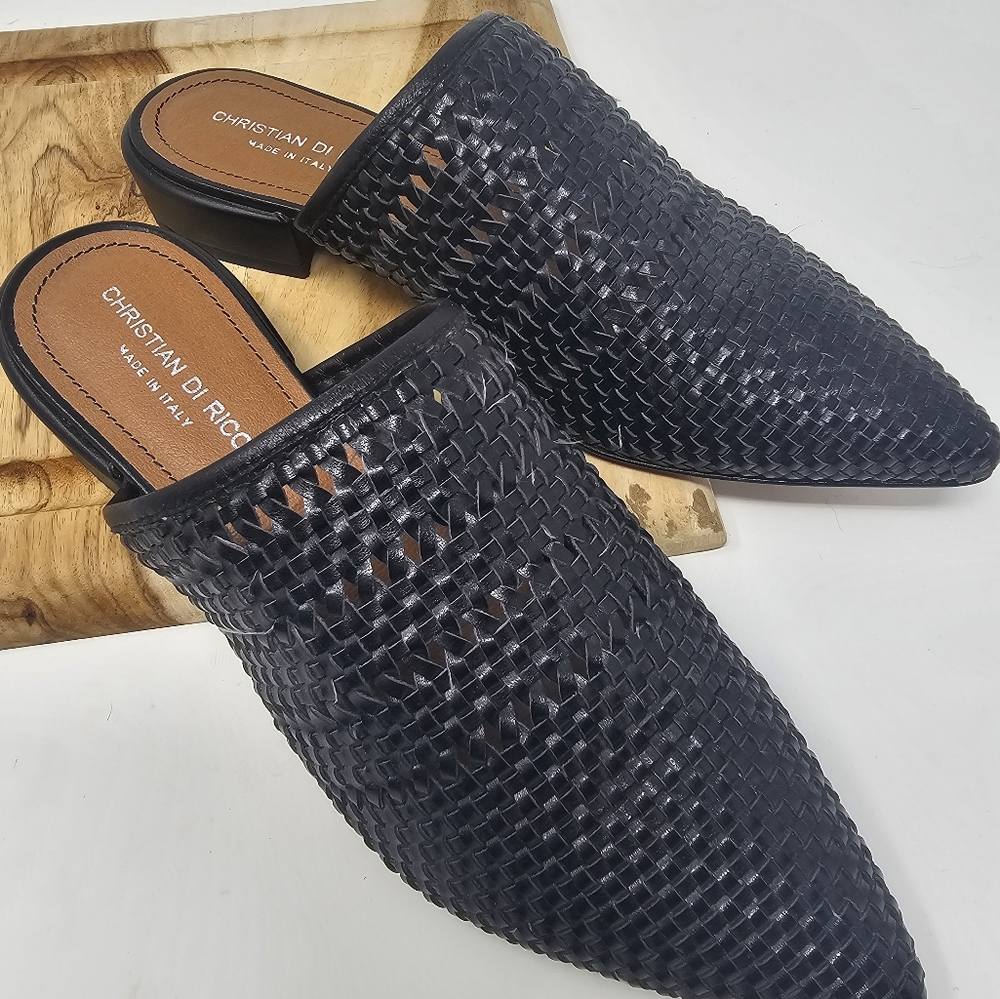 Black Woven Leather Pointed Mules